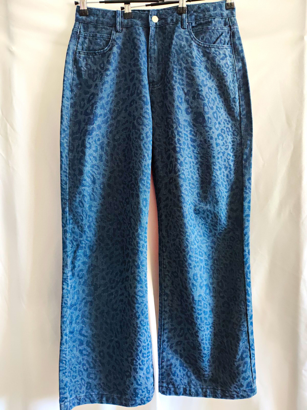 Leopard Print Patterned Blue Denim Y2K Bold High-Waisted Wide Leg Jeans L - Picture 1 of 11